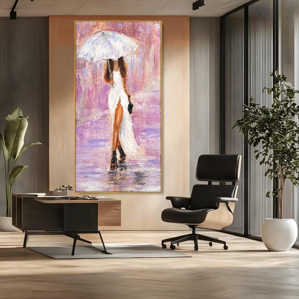 Tablou canvas cu pictura cu femeie si umbrela alba, in rama de aluminiu auriu, pe perete intr-un birou